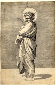 Marcantonio - St Bartholomew lifting his robes with his right hand and holdings a knife in the other., 1857,0711.7