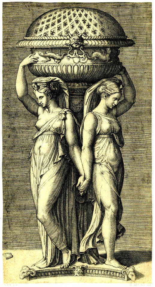 Marcantonio - Two caryatids, leaning against a truncated column, supporting a censer decorated with flower and salamander motifs, with one arm and holding hands with the other, H,3.87