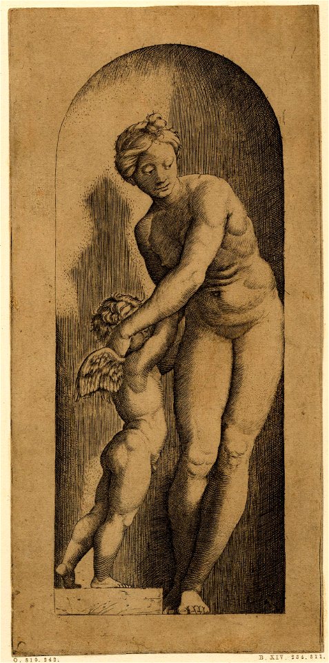 Marcantonio - Venus, standing in a niche, leaning down and to the left to embrace Eros who is standing to her right on a socle, 1856,0712.1080