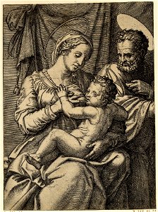 Marcantonio - The Virgin presses her hand to her breast to suckle the Christ Child whom she holds in her lap, Saint Joseph is on the right, H,1.50