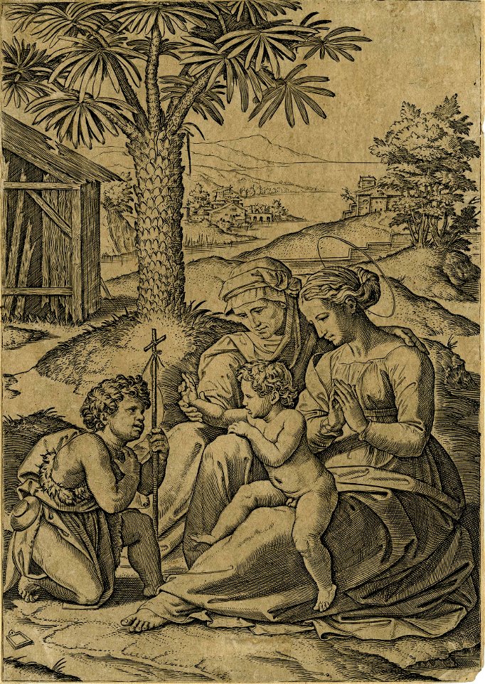 Marcantonio - The Virgin sitting on the ground with St Elizabeth at her right and the Christ Child in her lap blessing the young St John the Baptist who is kneeling in front of him, called 'Madonna of the palm tree', V,4.73