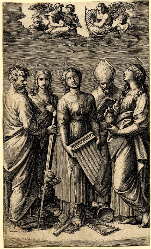 Marcantonio - St Cecilia holding a small organ, looks up towards a clearing in the clouds in which five angels with musical instruments appear, 1895,0915.114