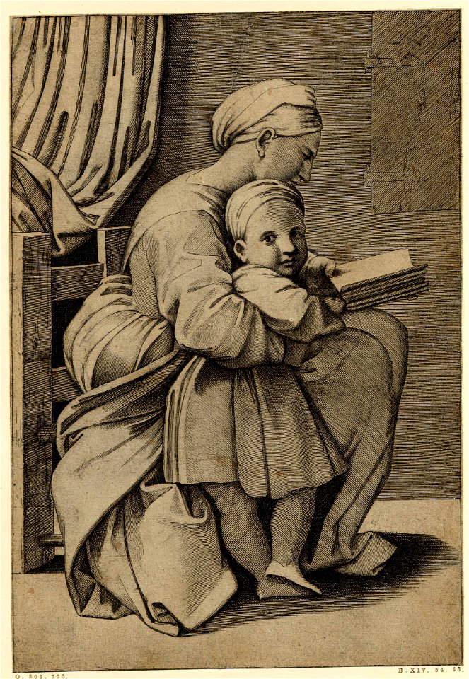 Marcantonio - The Virgin, depicted in profile, reading a book while holding the Infant Christ in her right arm who looks out towards the viewer, H,1.41