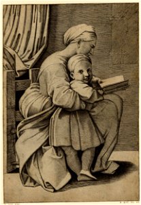 Marcantonio - The Virgin, depicted in profile, reading a book while holding the Infant Christ in her right arm who looks out towards the viewer, H,1.41