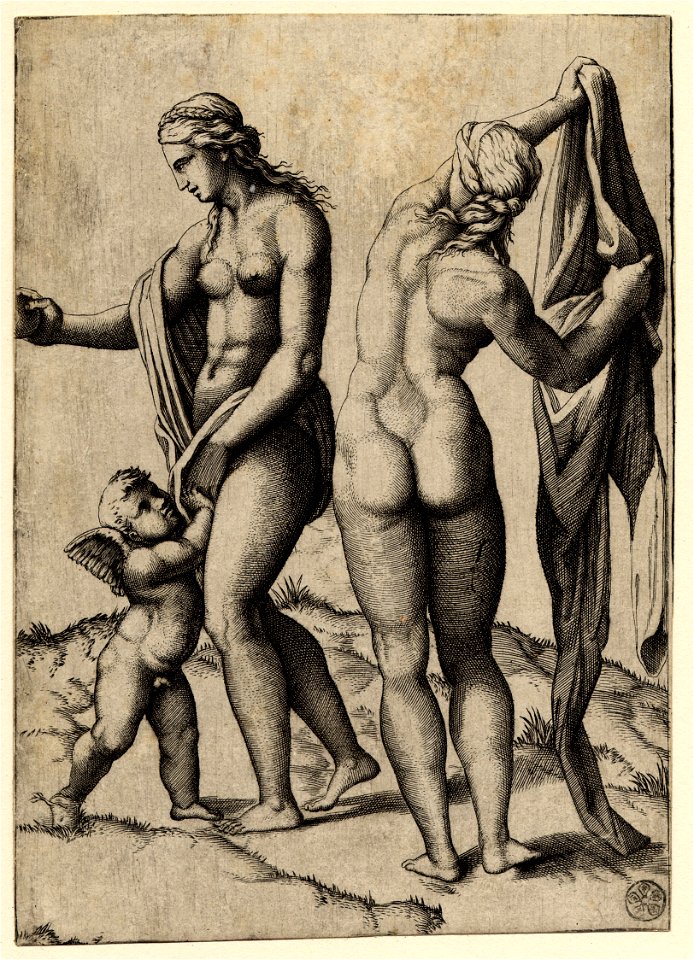 Marcantonio - Venus holding a globe in her right outstretched hand, Cupid below reaching up and holding her hand, Pallas Athena at right, H,2.66