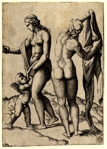Marcantonio - Venus holding a globe in her right outstretched hand, Cupid below reaching up and holding her hand, Pallas Athena at right, H,2.66