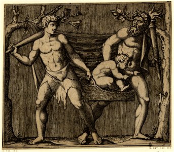 Marcantonio - Two fauns carrying a child, probably the infant Bacchus, in a basket, H,2.23