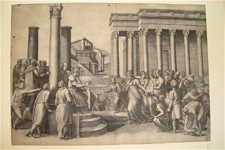 Marcantonio - The Queen of Sheba arriving before Solomon, seated at the left below three columns, 1874,0808.227