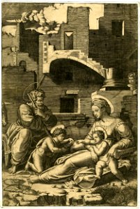 Marcantonio - The Virgin with the long thigh sitting at the right beside a cradle upon which sits the Christ Child who reaches towards St John the Baptist at left, behind them is a ruined building, V,4.76