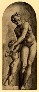 Marcantonio - Venus, standing in a niche, leaning down and to the left to embrace Eros who is standing to her right on a socle, 1895,0915.122