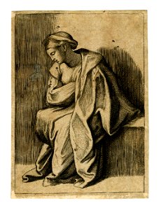 Marcantonio - Young woman sitting sideways, viewed in profile facing left, with head inclined downwards, 1868,0822.52