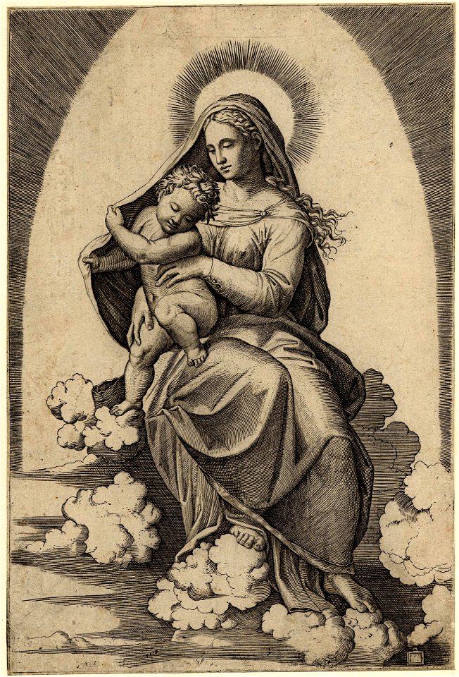 Marcantonio - The Virgin seated on clouds holding the Christ Child on her right knee, 1868,0822.30