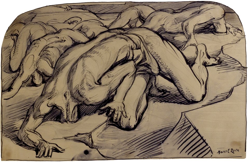 Marcel Roux - Sans titre, crayon graphiqte, plume et lavis, encre noire et bleutée sur papier vergé