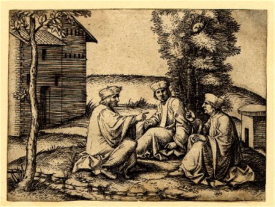 Marcantonio - Three men wearing robes and skull caps sitting on the ground in a landscape, 1895,0915.133