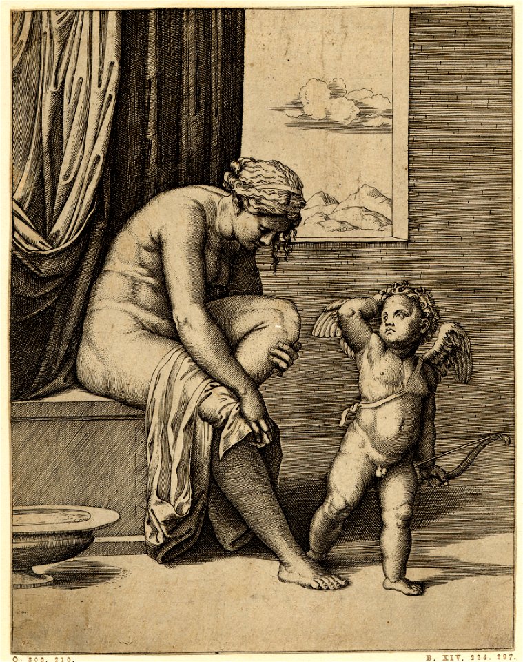 Marcantonio - Venus is nude, sitting at left drying her foot with a piece of drapery, Cupid, in front of her, holding a bow in his left hand and raising his right to his head, H,2.56