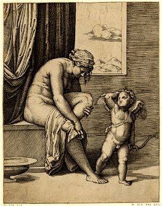 Marcantonio - Venus is nude, sitting at left drying her foot with a piece of drapery, Cupid, in front of her, holding a bow in his left hand and raising his right to his head, H,2.56