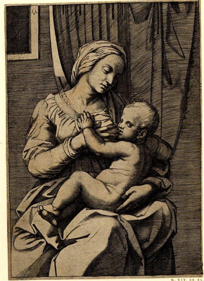 Marcantonio - The Virgin is seated and presses her right hand to her breast to express milk for the Christ Child whom she holds in her lap, H,1.51