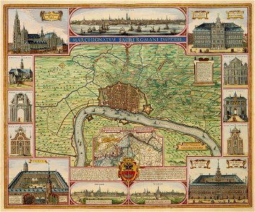 Marchionatus Sacri Romani Imperii - Antwerpen, het markgraafschap en de belangrijkste gebouwen (Claes Jansz. Visscher, 1624). Free illustration for personal and commercial use.