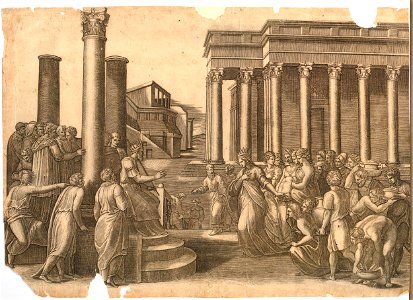 Marcantonio - The Queen of Sheba arriving before Solomon, seated at the left below three columns, V,4.56