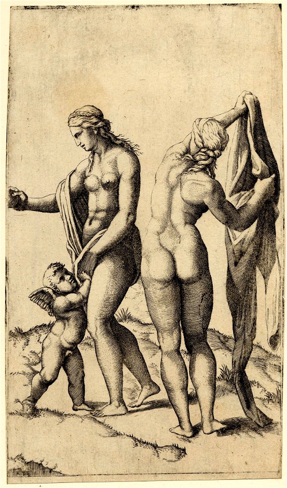 Marcantonio - Venus holding a globe in her right outstretched hand, Cupid below reaching up and holding her hand, Pallas Athena at right, 1868,0822.44
