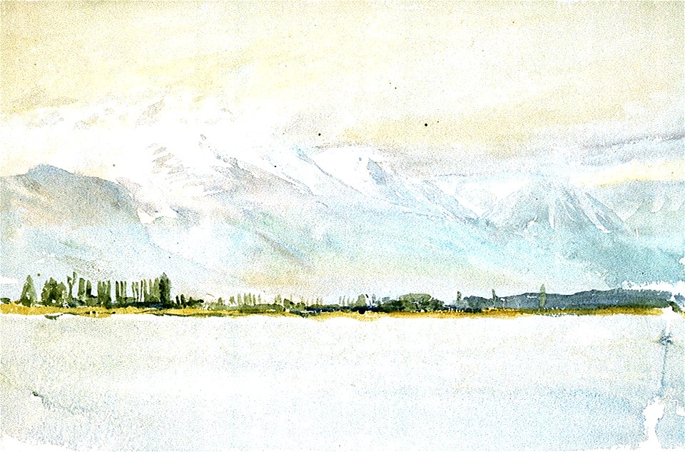 Landscape study with water in foreground and snow capped mountains in background RMG PU9807