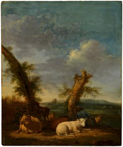 Landscape with Sheep and a Sleeping Shepherd (Adriaen van de Velde) - Nationalmuseum - 17670. Free illustration for personal and commercial use.