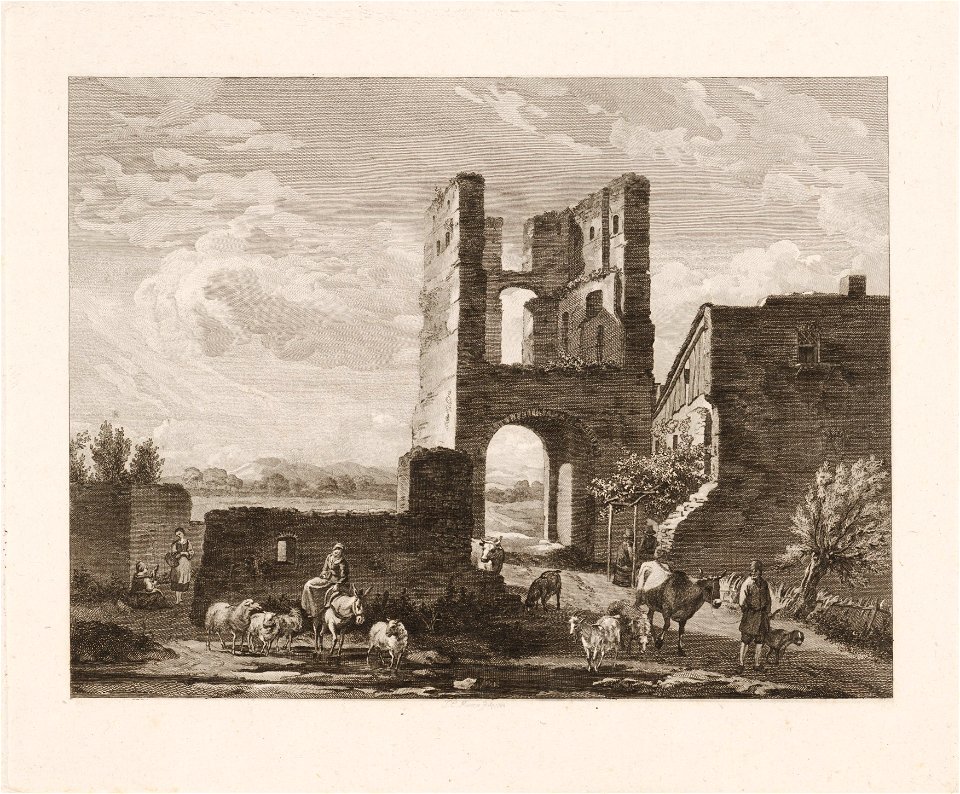 Landschap met vervallen poortgebouw, vee en mensen, objectnr A 16928
