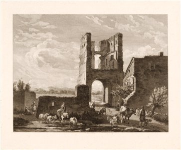Landschap met vervallen poortgebouw, vee en mensen, objectnr A 16928