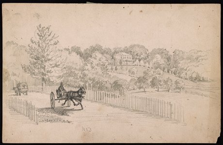 Landscape drawing showing a large house, with a hip roof, on a hill in the upper right, and a man riding on a two-wheel horse-drawn carriage on a country road, with a covered wagon headed in LCCN2016645562