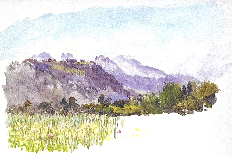 Landscape study with meadow in foreground and mountains in distance RMG PU9812
