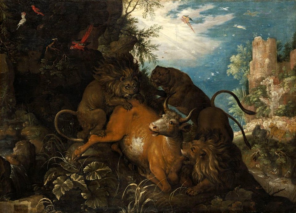 Landscape with Lions Attacking a Cow by Roelant Savery Museum of Fine Arts (Budapest) 94 64