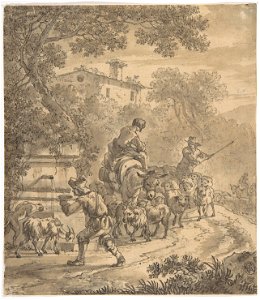 Landscape with Shepherds and their Flock by Adriaen van der Kabel. Free illustration for personal and commercial use.
