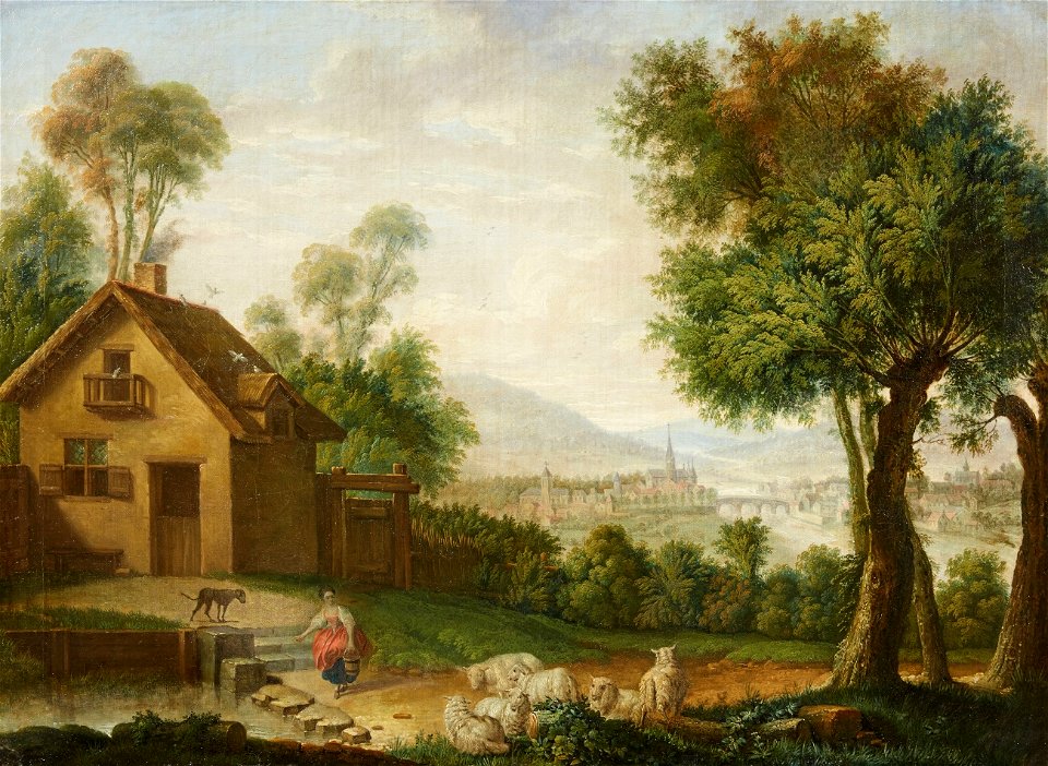 Landschaft mit Bauernhaus und Blick auf eine Stadt am Fluss 18Jh