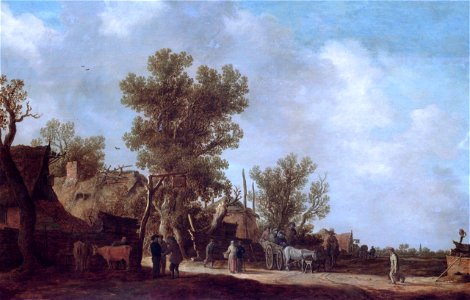 Landscape with farm houses, attributed to Jan van Goyen. Free illustration for personal and commercial use.