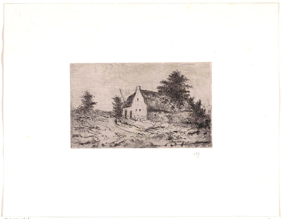 Landschap met boerderij en vijver met eenden