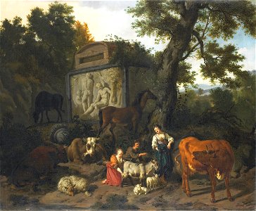 Landschap met herders en vee bij een graftombe. Rijksmuseum SK-C-105. Free illustration for personal and commercial use.