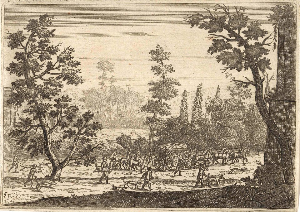 Landschap met koets en jachtgezelschap