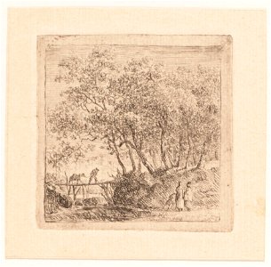 Landschap met bomen en drie figuren, objectnr A 16557