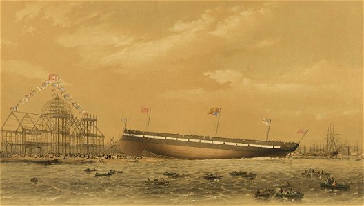 Launch of Her Majestys Iron Armour-plated Steam Frigate Resistance 18 guns 3668 tons from Messrs Westwood, Baillie, Campbell and Cos, London Yard, Isle of Dogs, April 11th 1861 RMG PY9283