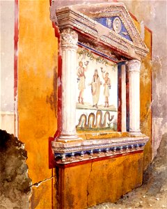Lararium of a family altar, seen in situ after excavation, House of Aulus Vettius, Pompeii, c36-39 CE, 1895 watercolor by Luigi Bazzani