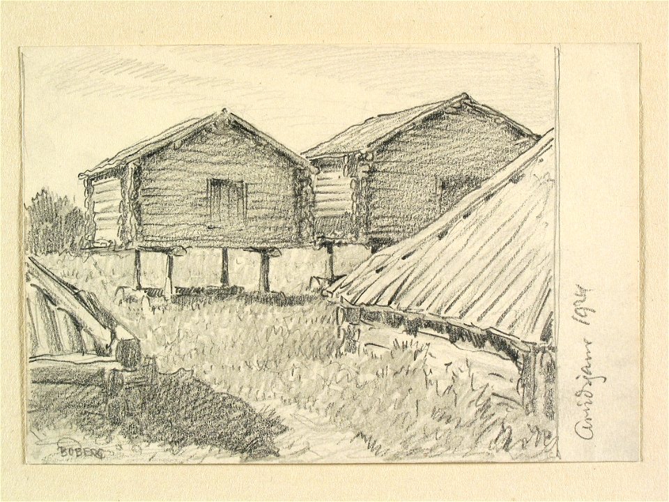 Lappland, Piteå lappmark, Arvidsjaurs sn., Lappstaden. Visthusbodar. Teckning av Ferdinand Boberg - Nordiska museet - NMA.0088276