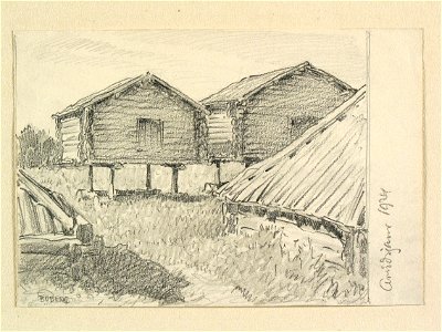 Lappland, Piteå lappmark, Arvidsjaurs sn., Lappstaden. Visthusbodar. Teckning av Ferdinand Boberg - Nordiska museet - NMA.0088276