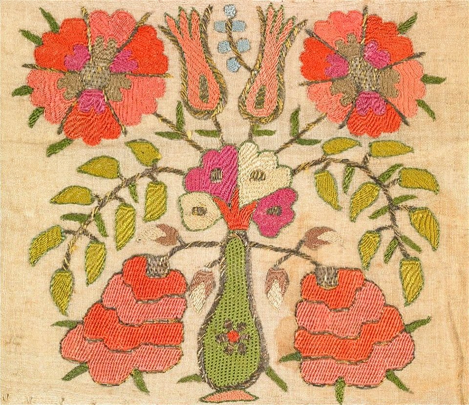 Large towel or bed cover, Turkey, 19th century, linen, silk, gilt thread, plain and supplemental weave and embroidery