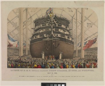 Launch of HMS Royal Albert screw steamer, 131 guns, at Woolwich, May 13, 1854. Bow view RMG PW8130