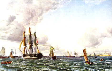 Larsen Linieskibet Valdemar krydser Sundet ind for en frisk bramsejlskuling 1856