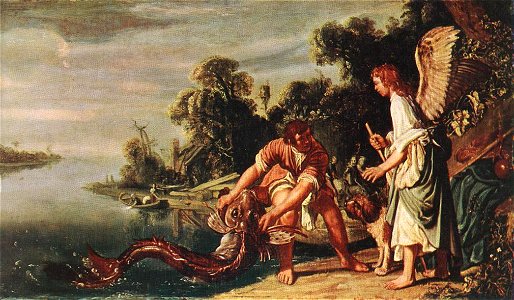 Pieter Lastman - The Angel and Tobias with the Fish - WGA12490. Free illustration for personal and commercial use.