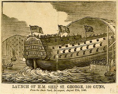 Launch of HM Ship St George 120 guns from the Dock-Yard Devonport August 27th 1840 RMG PU6176