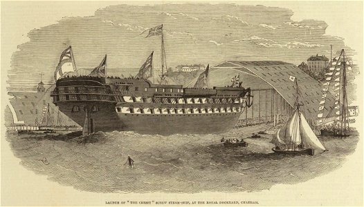 Launch of 'The Cressy' screw steam-ship, at the Royal Dockyard, Chatham ILN 1853. Free illustration for personal and commercial use.