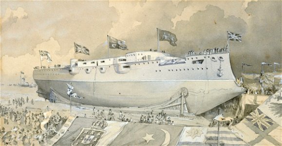 Launch of HMS Canopus by Mrs Rice 13 Oct 1897 RMG PU0290