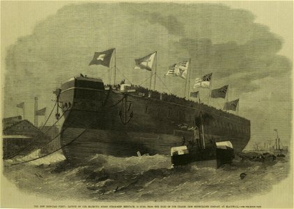 Launch of Her Majesty's Screw Steam-Ship Minotaur, from the Yard of the Thames Iron Shipbuilding Company at Blackwall - ILN 1863. Free illustration for personal and commercial use.